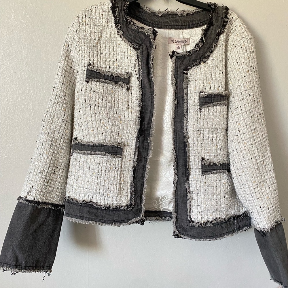 Designer Textured Nanette Lepore Ivory Boucle Trim Denim Blazer Large NEW
